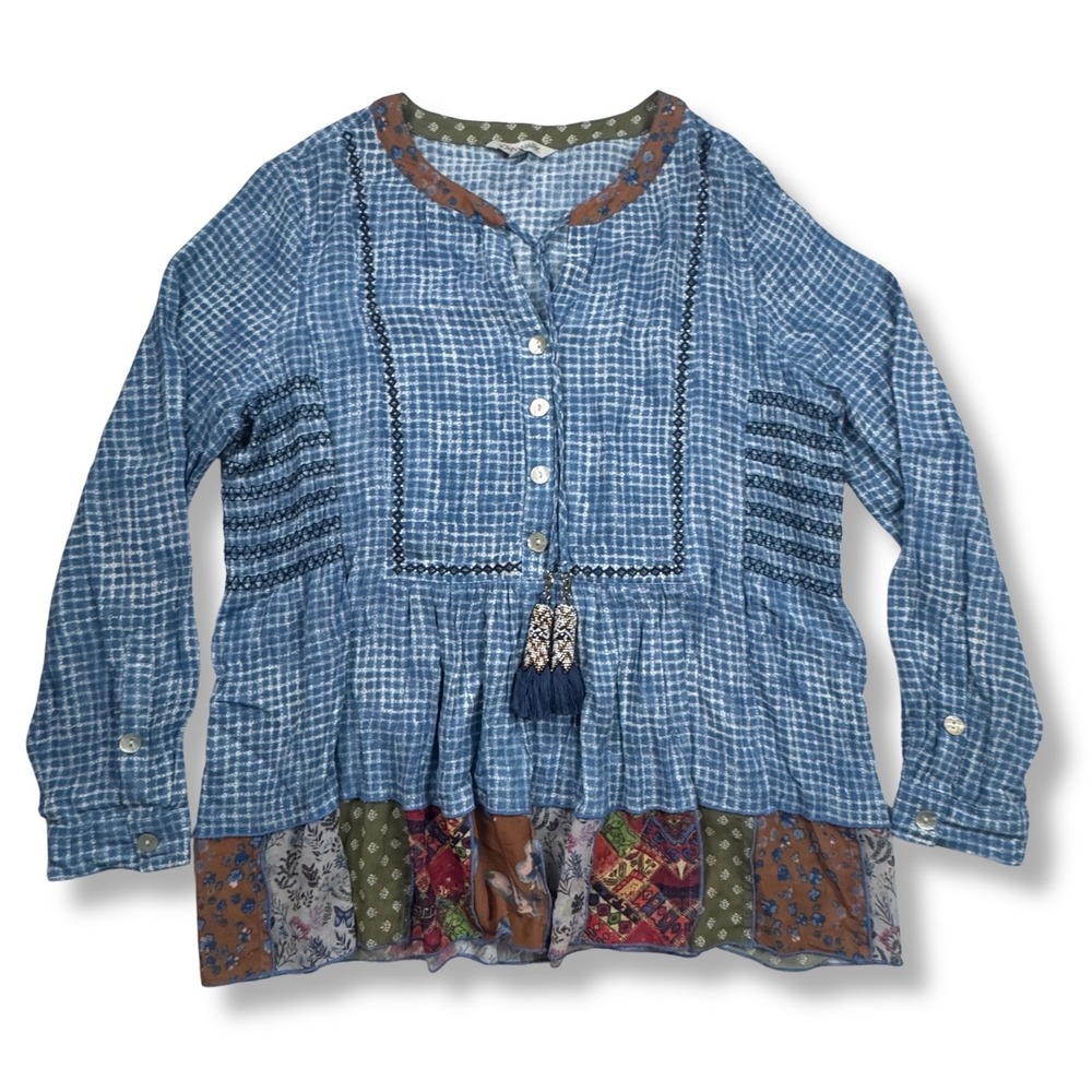 John Mark Peasant Blouse Patchwork Smocked Boho Tassel Womens Blue Medium M